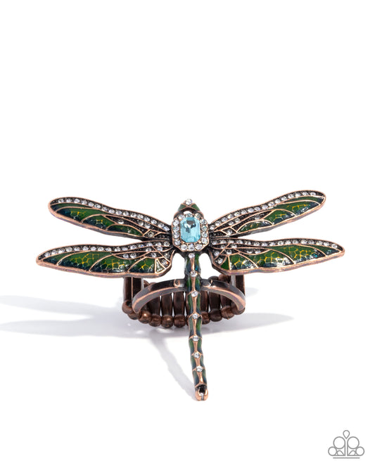Dragonfly Delivery - Copper Kashmir Painted White Rhinestone Dragonfly Ring Paparazzi R1112