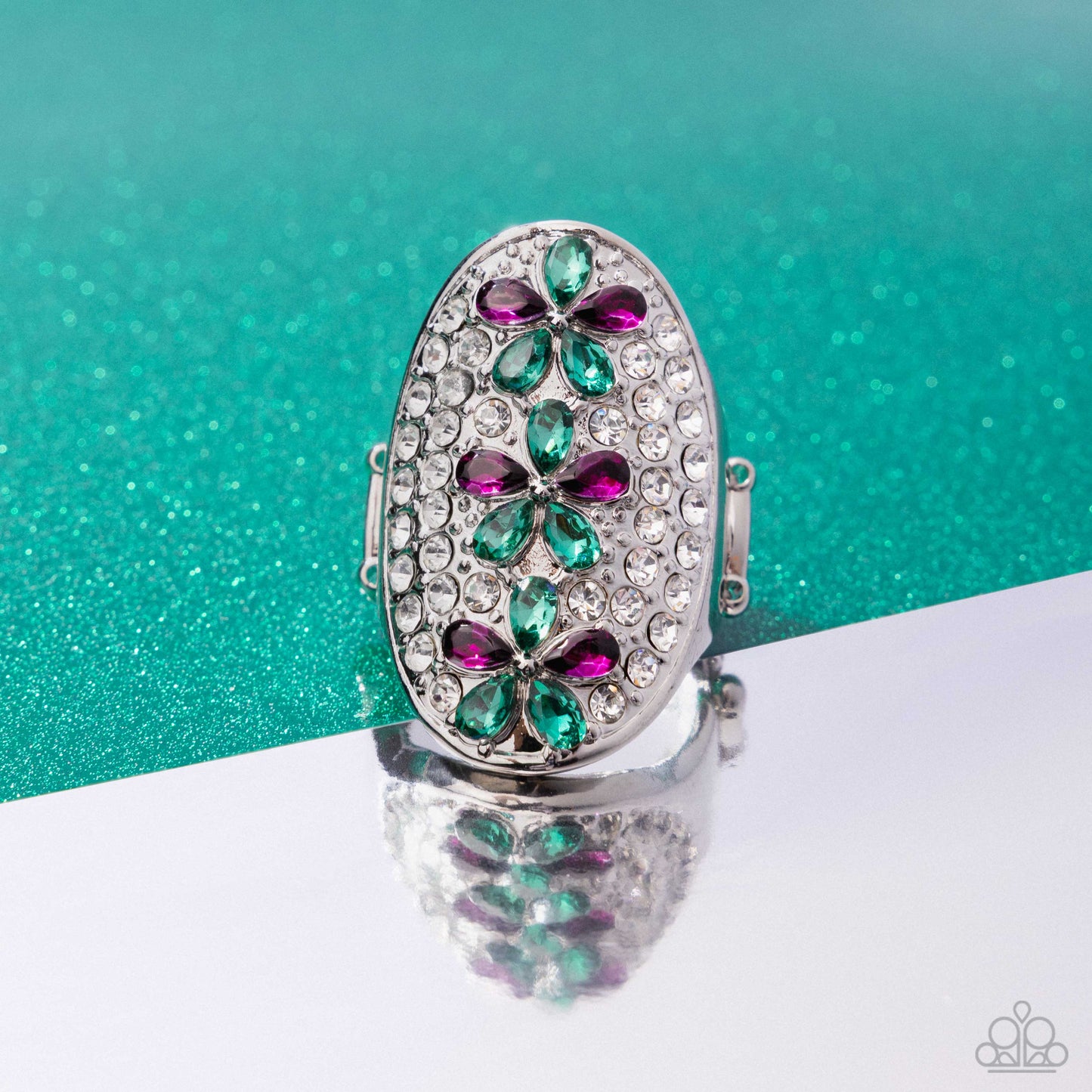 Linear Lush - Green, Purple Flower & White Rhinestone Ring Paparazzi R1126
