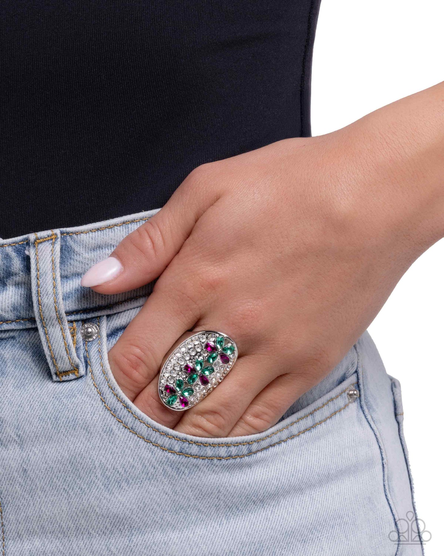 Linear Lush - Green, Purple Flower & White Rhinestone Ring Paparazzi R1126