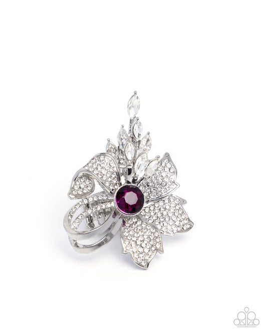 Blooming Broadcast - Pink Fuchsia Gem, White Rhinestone Silver Flower Cocktail Style Ring Paparazzi