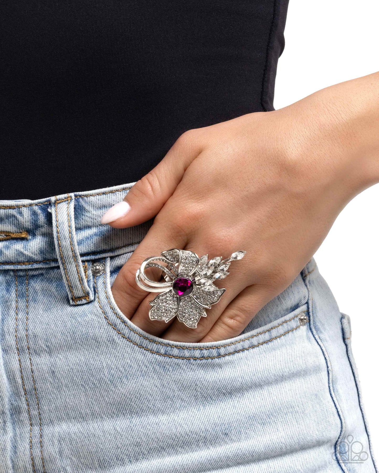 Blooming Broadcast - Pink Fuchsia Gem, White Rhinestone Silver Flower Cocktail Style Ring Paparazzi