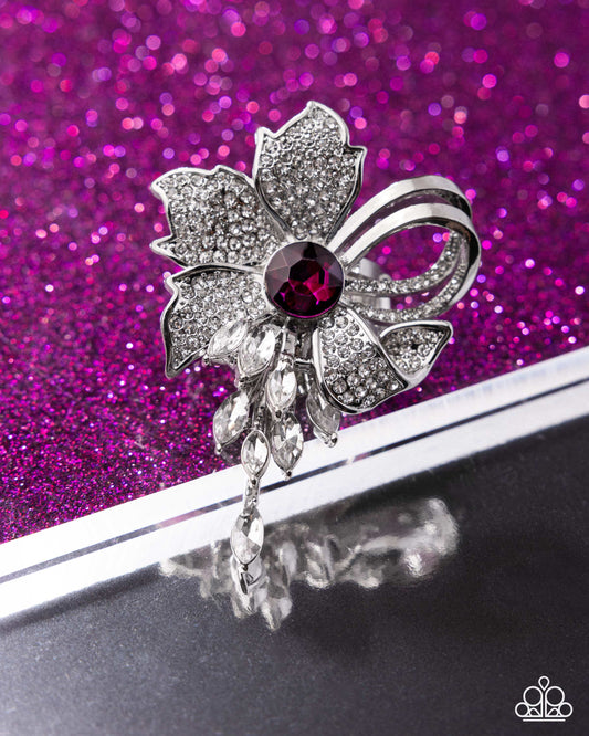 Blooming Broadcast - Pink Fuchsia Gem, White Rhinestone Silver Flower Cocktail Style Ring Paparazzi