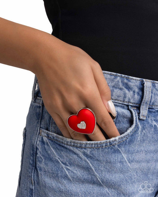 As Long As Youre Mine - Red & White Rhinestone Heart Ring Paparazzi R1096