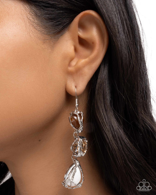 The Next Right Thing - White Marbled, Tan Bead, Peach Gem Silver Abstract Earring Paparazzi E3115