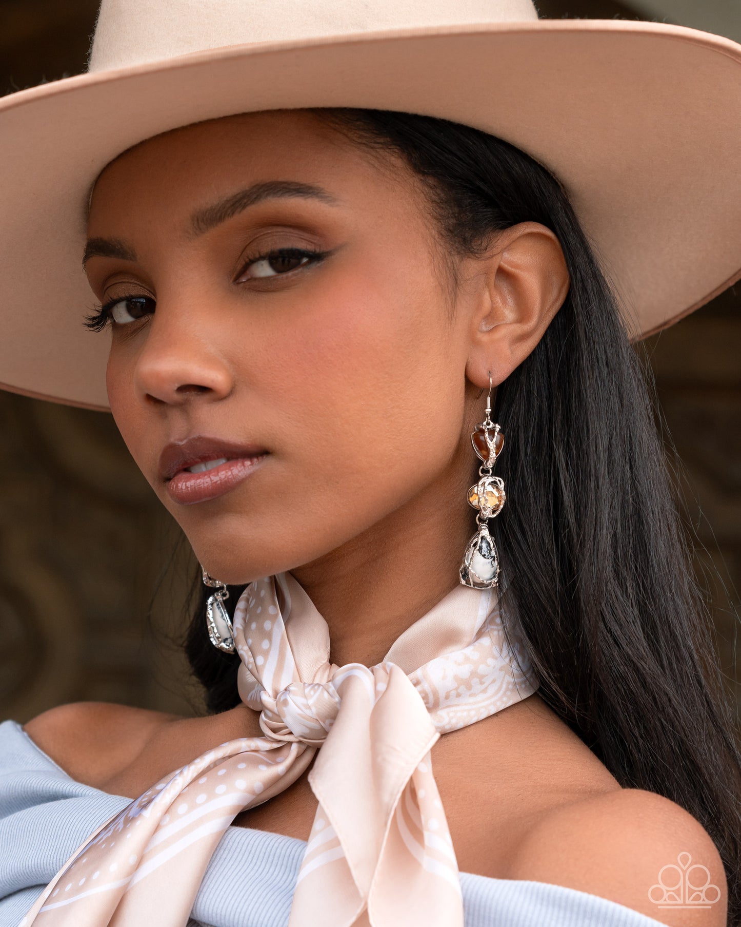 The Next Right Thing - White Marbled, Tan Bead, Peach Gem Silver Abstract Earring Paparazzi E3115