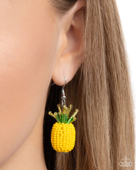 Pleasant Pineapple - Yellow Seed Bead Pineapple Summer Beach Style Earring Paparazzi E3044