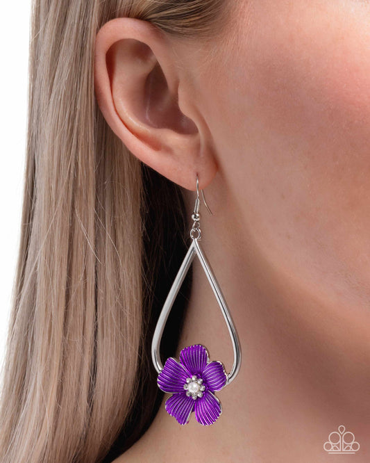 Tropical Teardrop - Purple Vibrant Flower & White Rhinestone Center Silver Teardrop Earring Paparazzi E2983