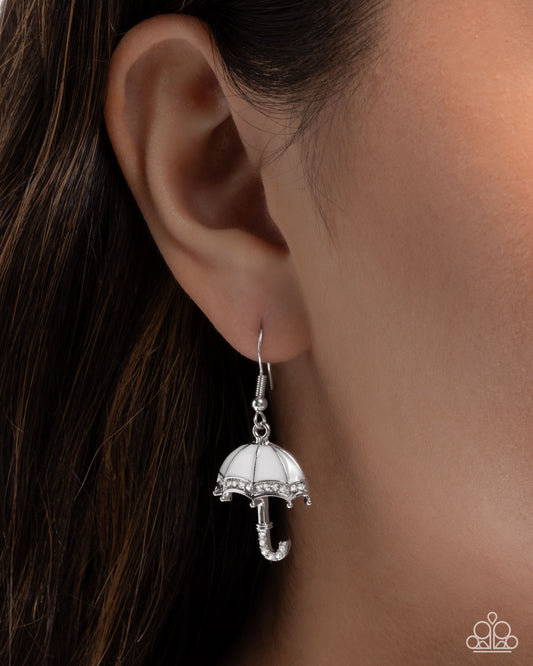 Unrivaled Umbrella - White Painted & Rhinestone Umbrella Earring Paparazzi E2864