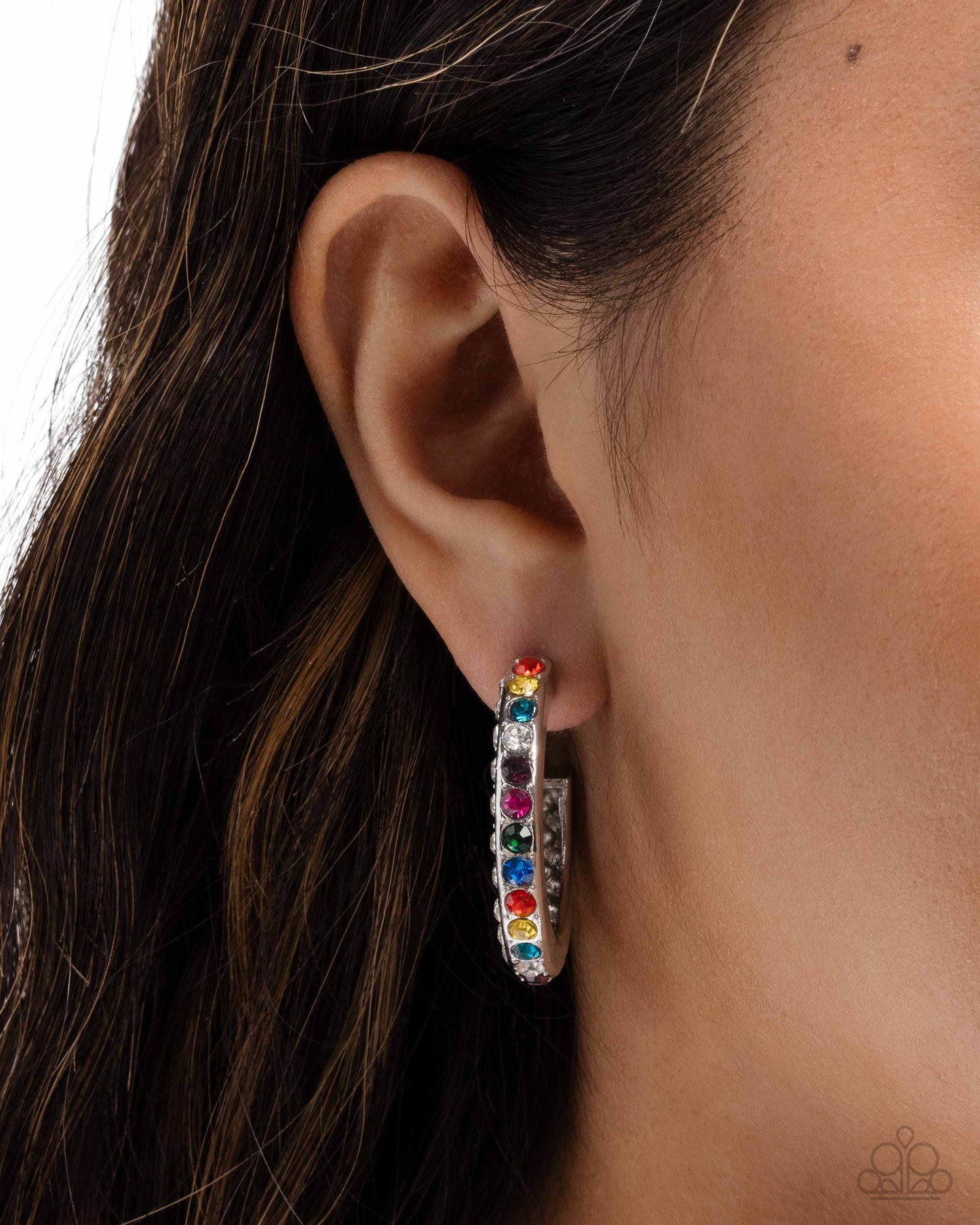 Paparazzi High-Level Haute - Multicolored Rhinestone Silver 1 1/2 Inch Hoop Earring