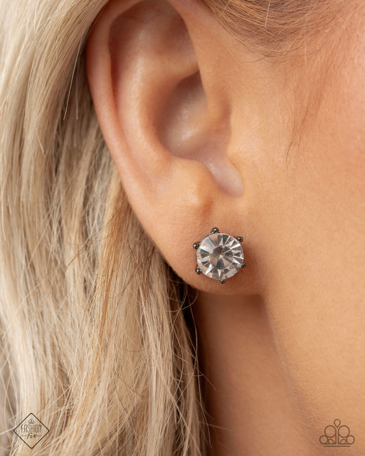 Forceful Facets - Black Gunmetal White Rhinestone Post Earring Magnificent Musings April 2025 Fashion Fix Paparazzi E2713