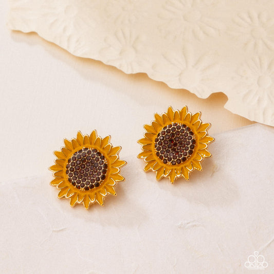 Blooming Beat - Brown Tea Rhinestone & Yellow Sunflower Post Earring Paparazzi E3075