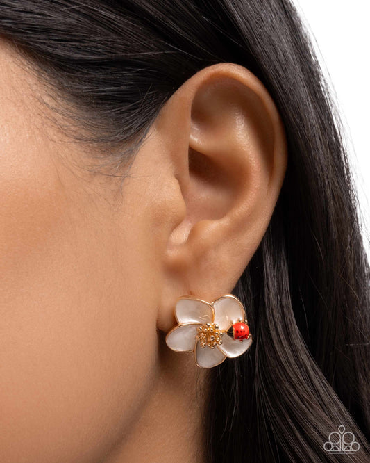 Paparazzi Verdant View - Gold & White Flower Ladybug Post Earring