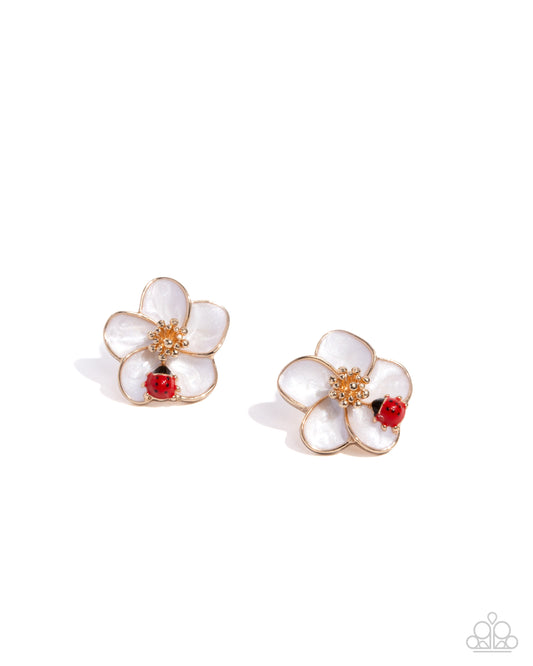 Paparazzi Verdant View - Gold & White Flower Ladybug Post Earring