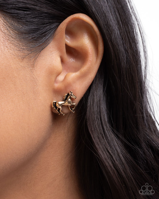 Stallion Selfie - Gold Stallion Horse Post Earring Paparazzi E3017