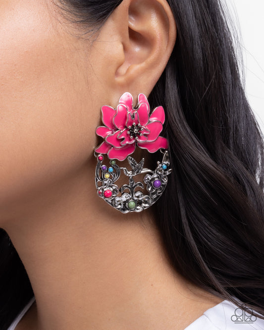 Hummingbird Homecoming - Pink Flower & Silver Hummingbird Post Earring Paparazzi E2859