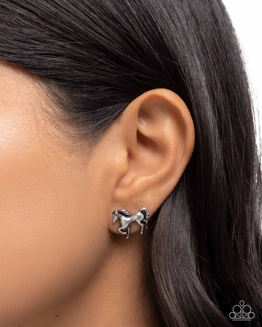 Stallion Selfie - Silver Horse Post Earring Santa Fe Style Paparazzi E2872