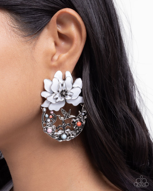 Hummingbird Homecoming - White Flower Multicolored Bead Hummingbird Post Earring Paparazzi E3131