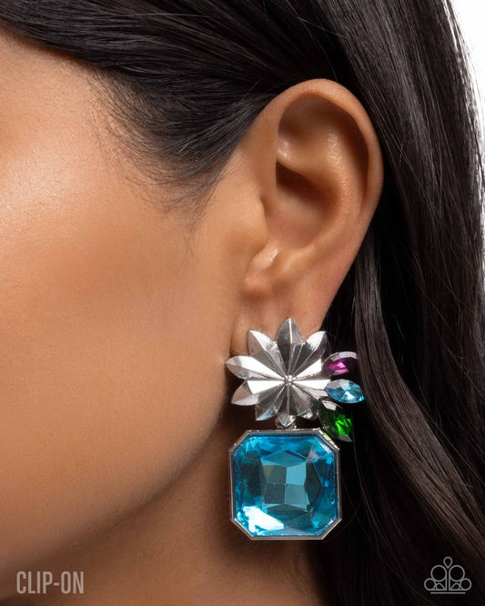 Paparazzi Lush Lure - Blue Gem Silver Floral Clip-On Earring