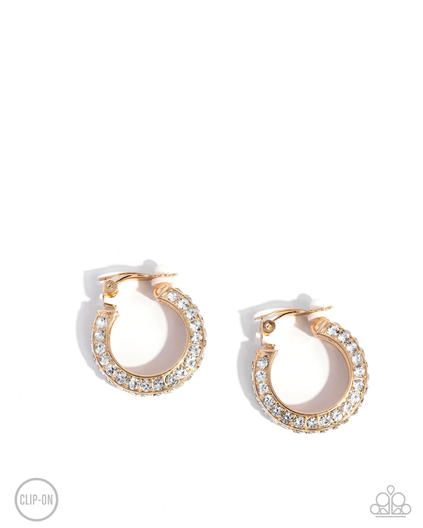 Paparazzi Date Night Debut - Gold & White Rhinestone Hoop Clip-On Earrings E3187