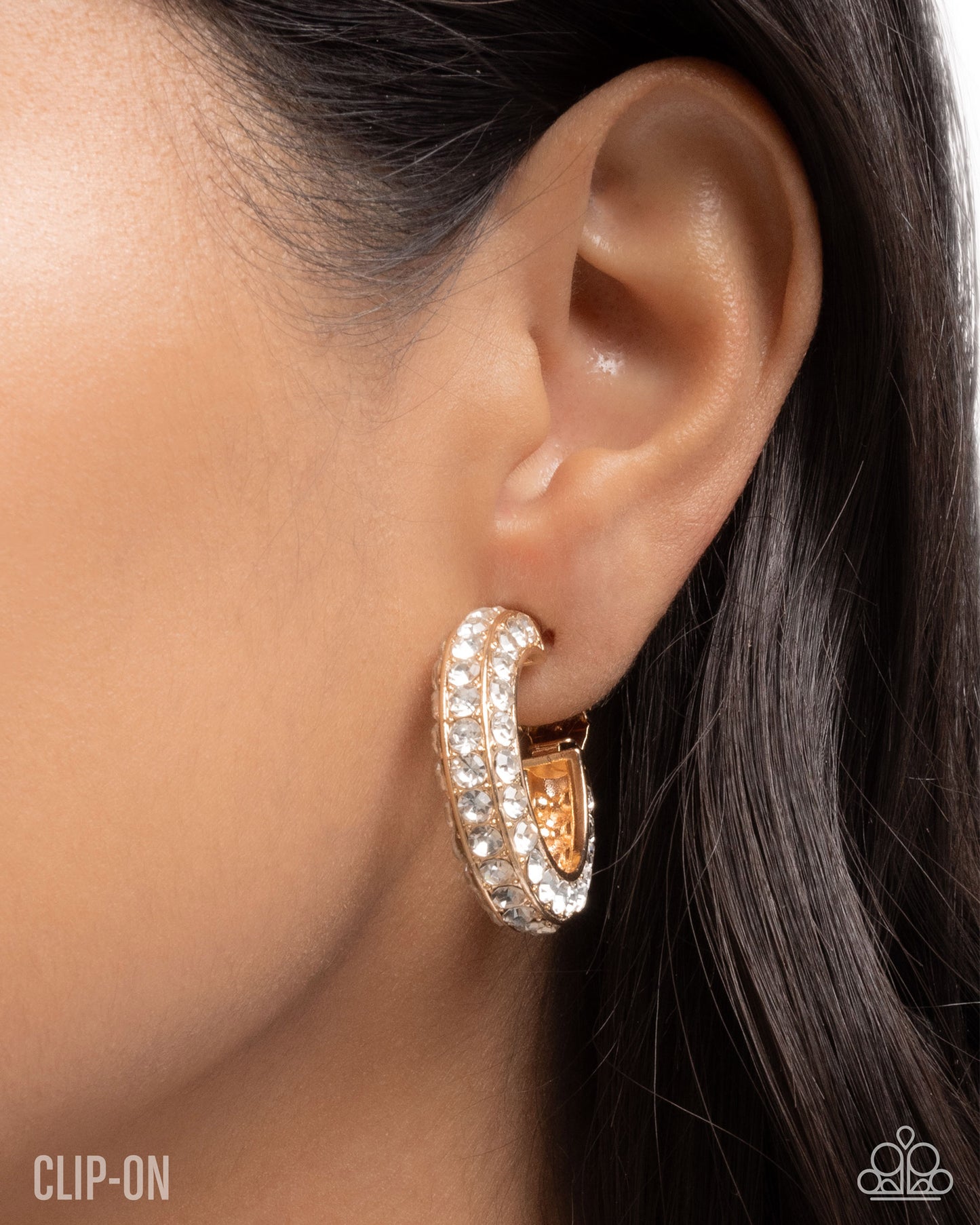 Paparazzi Date Night Debut - Gold & White Rhinestone Hoop Clip-On Earrings E3187