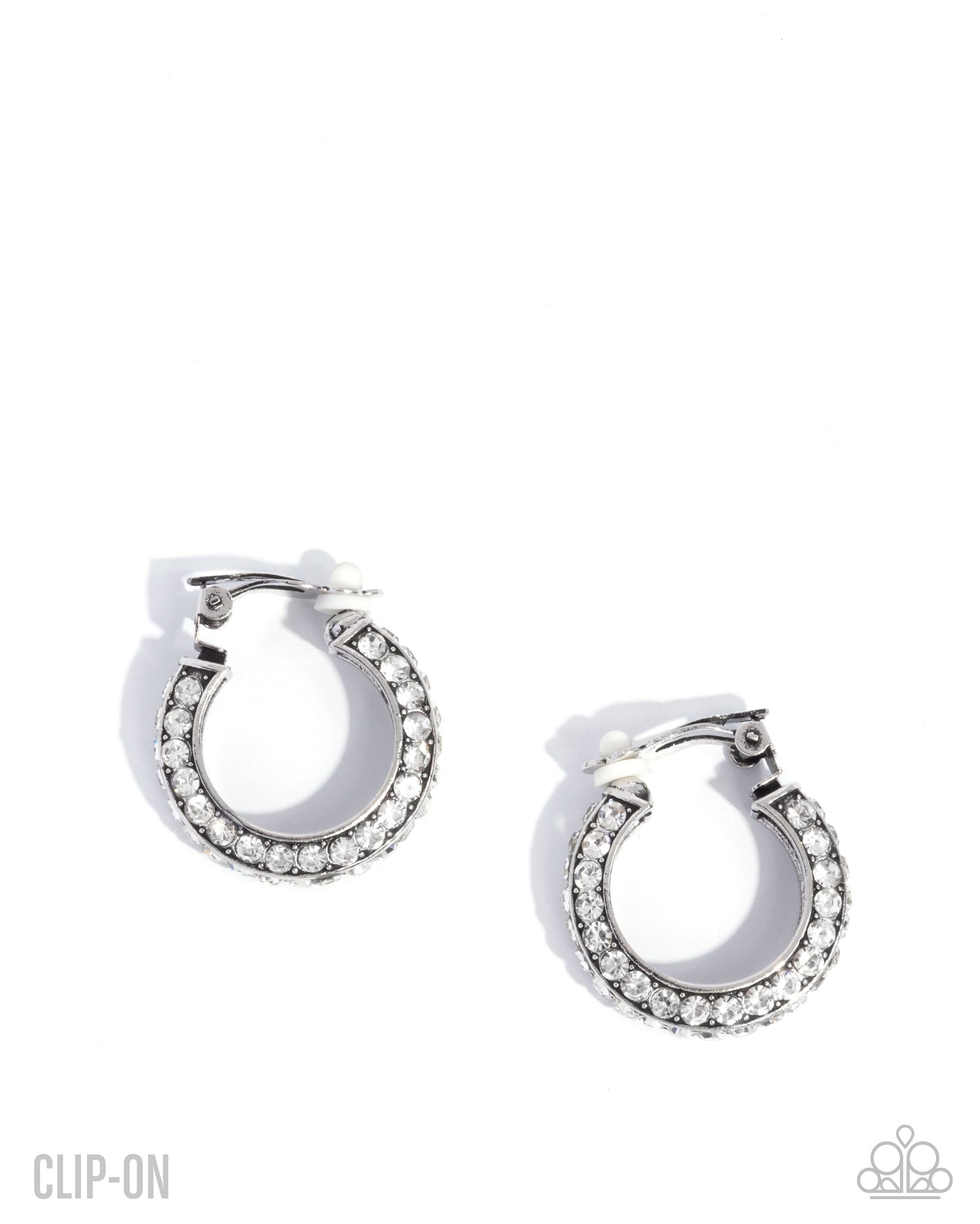 Paparazzi Date Night Debut - White Rhinestone Silver Hoop Clip-On Earring E2340