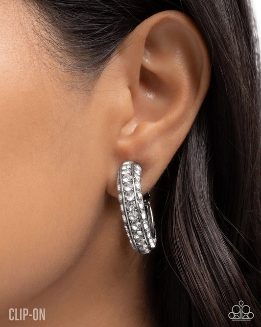 Paparazzi Date Night Debut - White Rhinestone Silver Hoop Clip-On Earring E2340