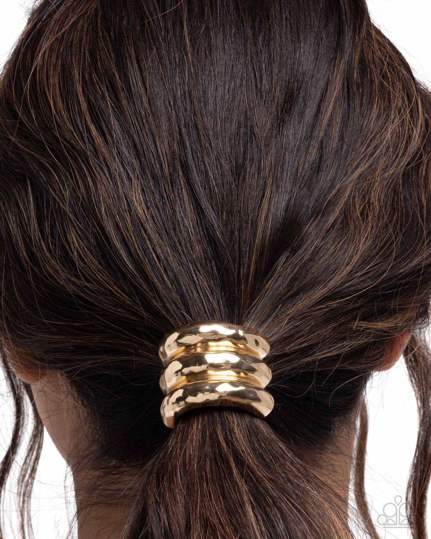 Crimped Celebrity - Gold Hammered Curved Bar Elastic Hair Tie Ponytail Holder Paparazzi H0180