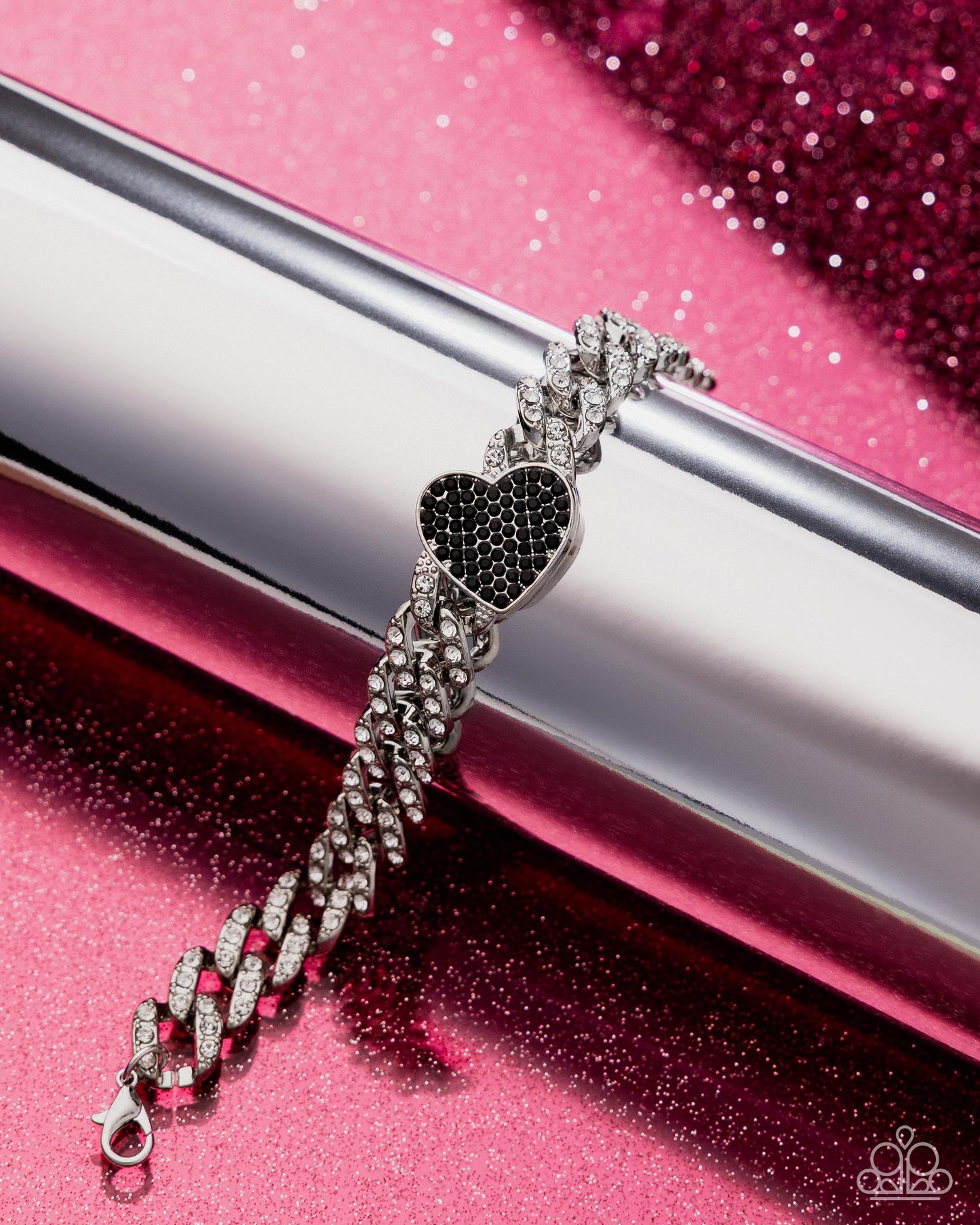 Humane Hearts - Black Rhinestone Heart & White Rhinestone Embellished Silver Chain Bracelet Paparazzi B2211