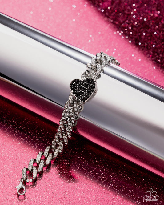 Humane Hearts - Black Rhinestone Heart & White Rhinestone Embellished Silver Chain Bracelet Paparazzi B2211
