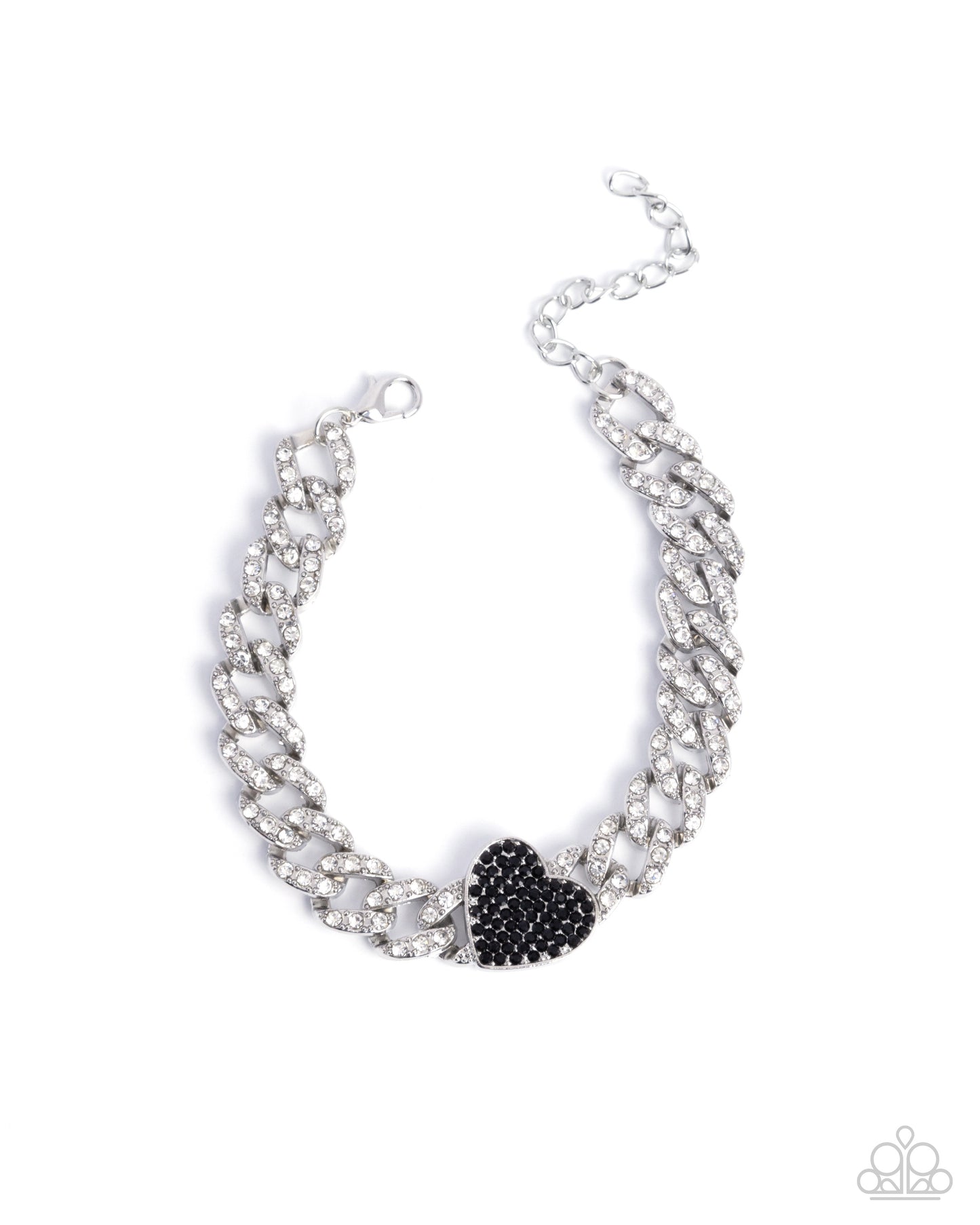 Humane Hearts - Black Rhinestone Heart & White Rhinestone Embellished Silver Chain Bracelet Paparazzi B2211