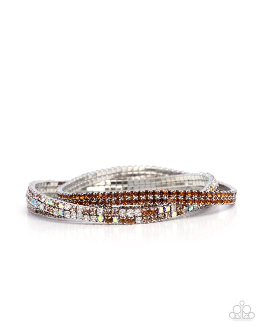 Tolerable Twinkle - Brown Tea, Topaz, White, Champagne Rhinestone Set Of 3 Stretch Bracelet Paparazzi B2377