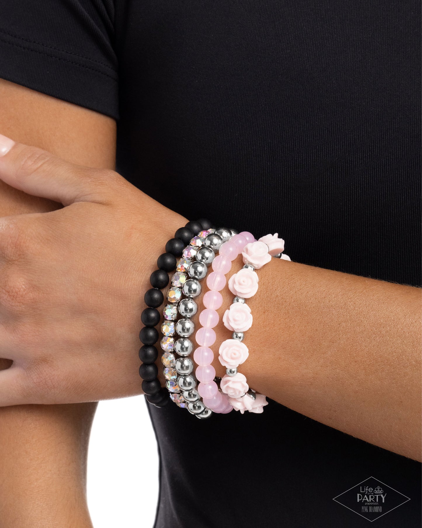 Rose Garden Grandeur - Pink Resin Roses, Black Matte & Milky Baby Pink Bead Set Of 5 Stretch Bracelets Pink Diamond Exclusive Paparazzi B2224