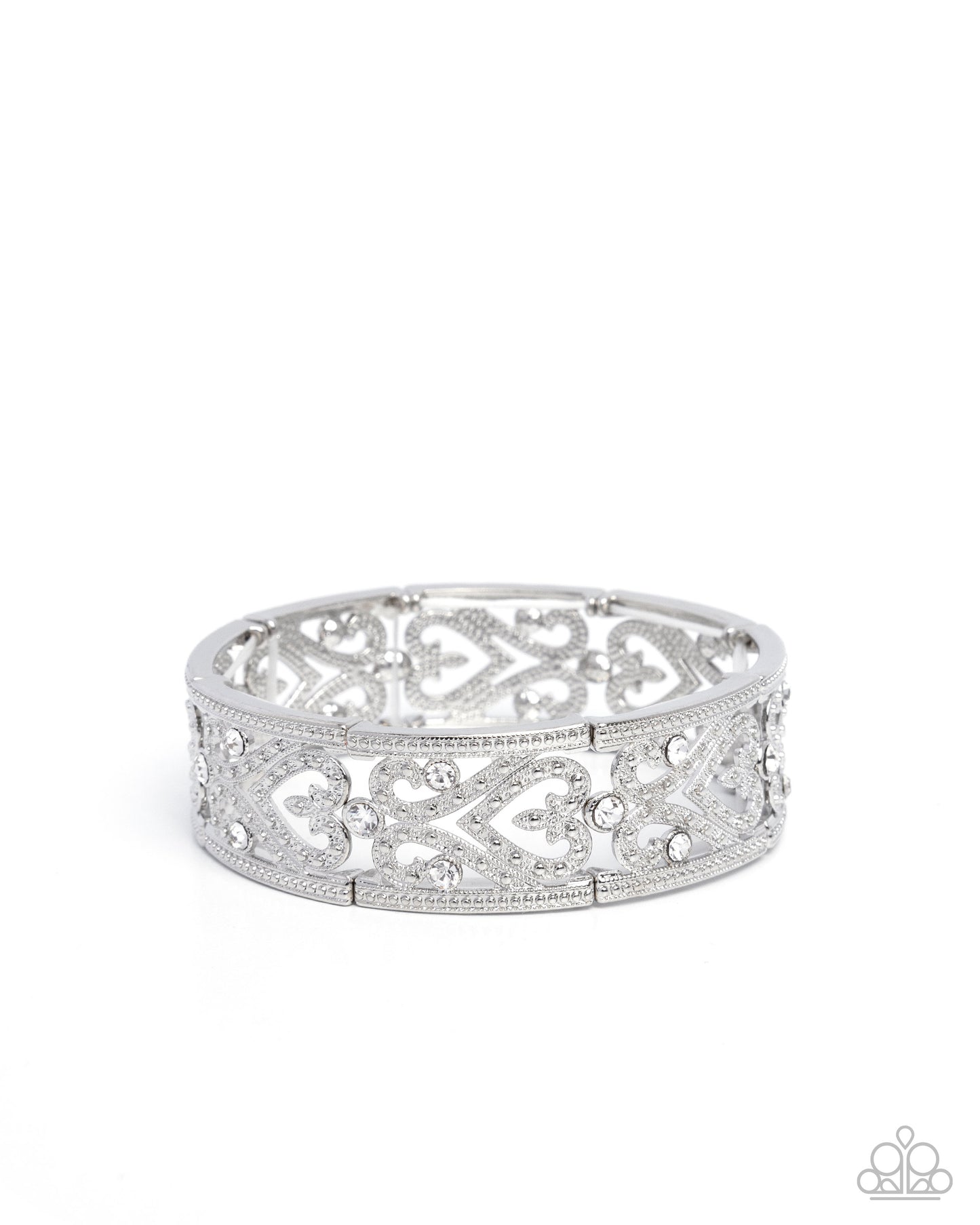 Exclusive Eternity - White Rhinestone Heart Filigree Stretch Bracelet Paparazzi B2372