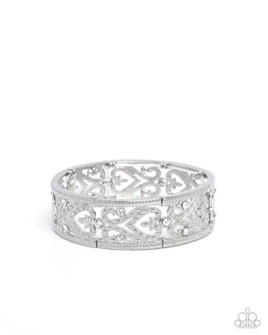 Exclusive Eternity - White Rhinestone Heart Filigree Stretch Bracelet Paparazzi B2372