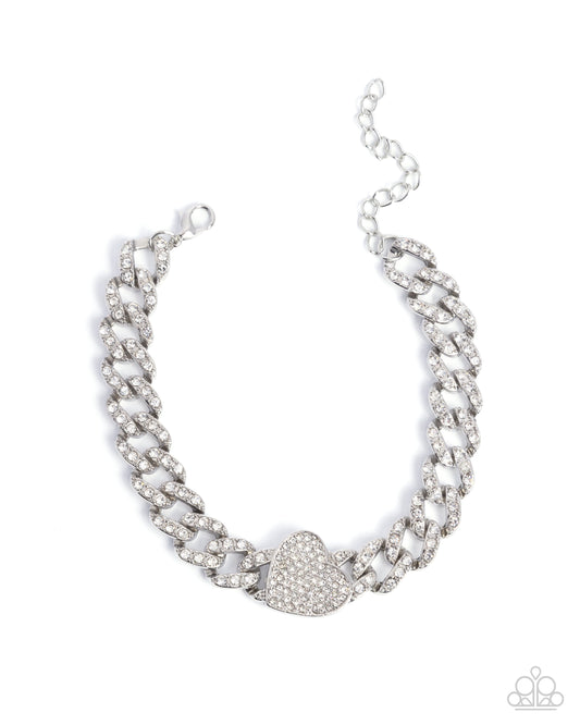 Humane Hearts - White Rhinestone Heart Chunky Silver Chain Bracelet Paparazzi B2252
