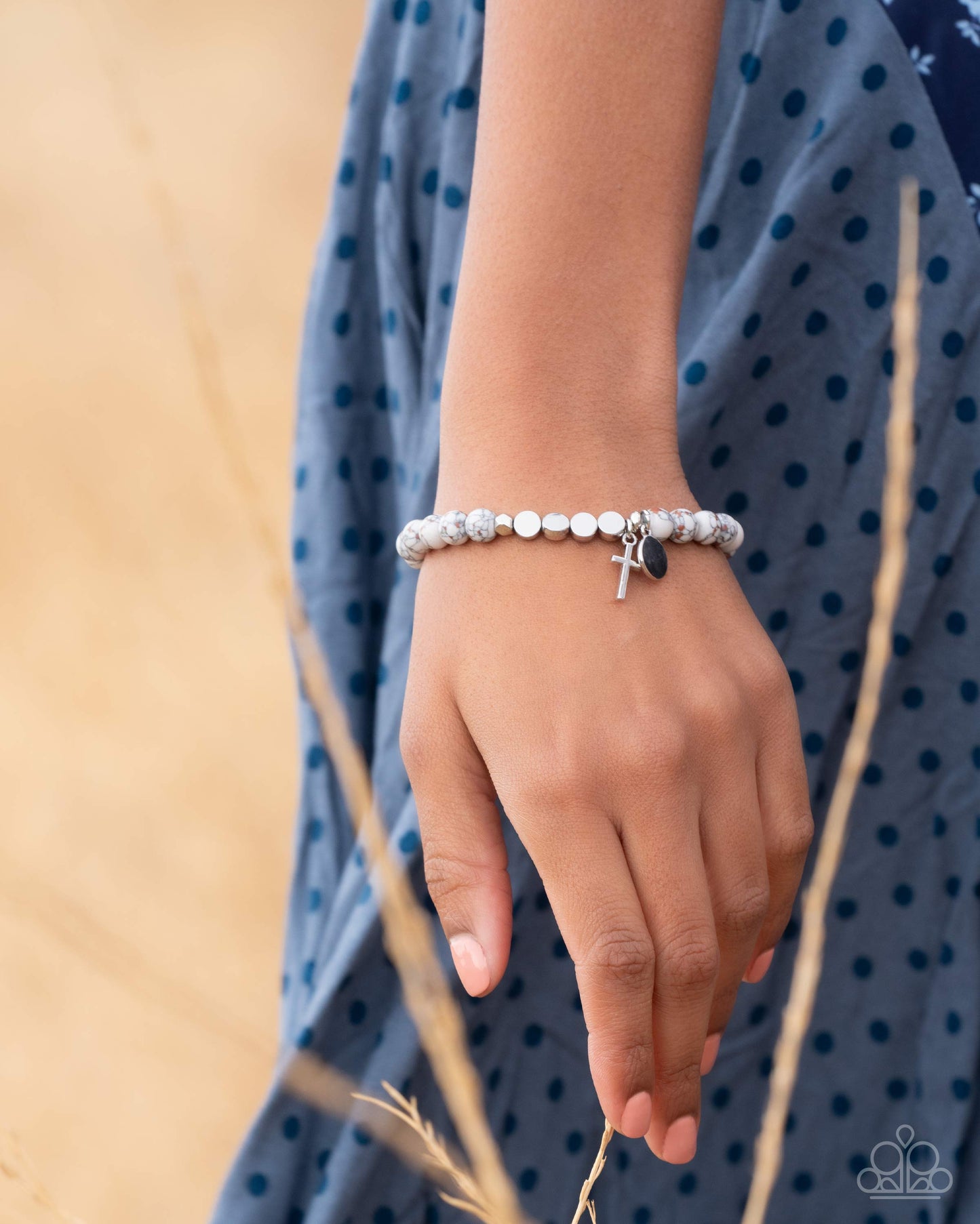 Devout Debut - White, Brown Stone Bead, Silver Disc & Cross Stretch Bracelet Paparazzi B2227