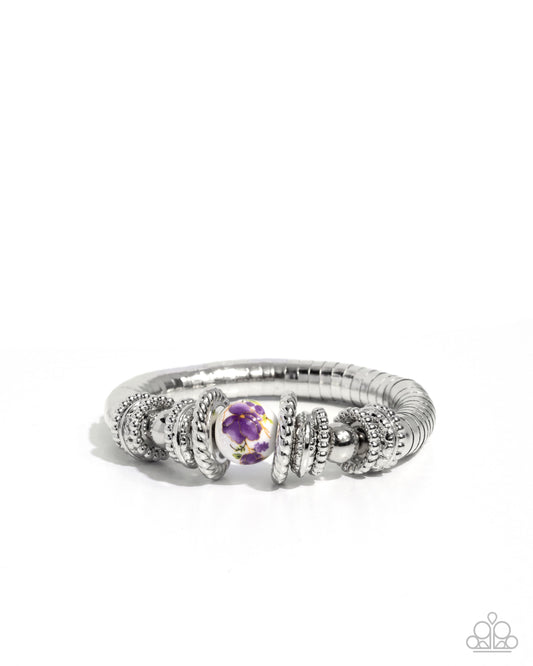 Paparazzi Ceramic Combo - Purple Floral Painted Ceramic Bead Silver Stretch Bracelet B2199