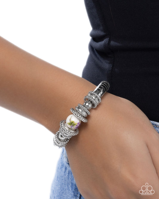 Paparazzi Ceramic Combo - Purple Floral Painted Ceramic Bead Silver Stretch Bracelet B2199