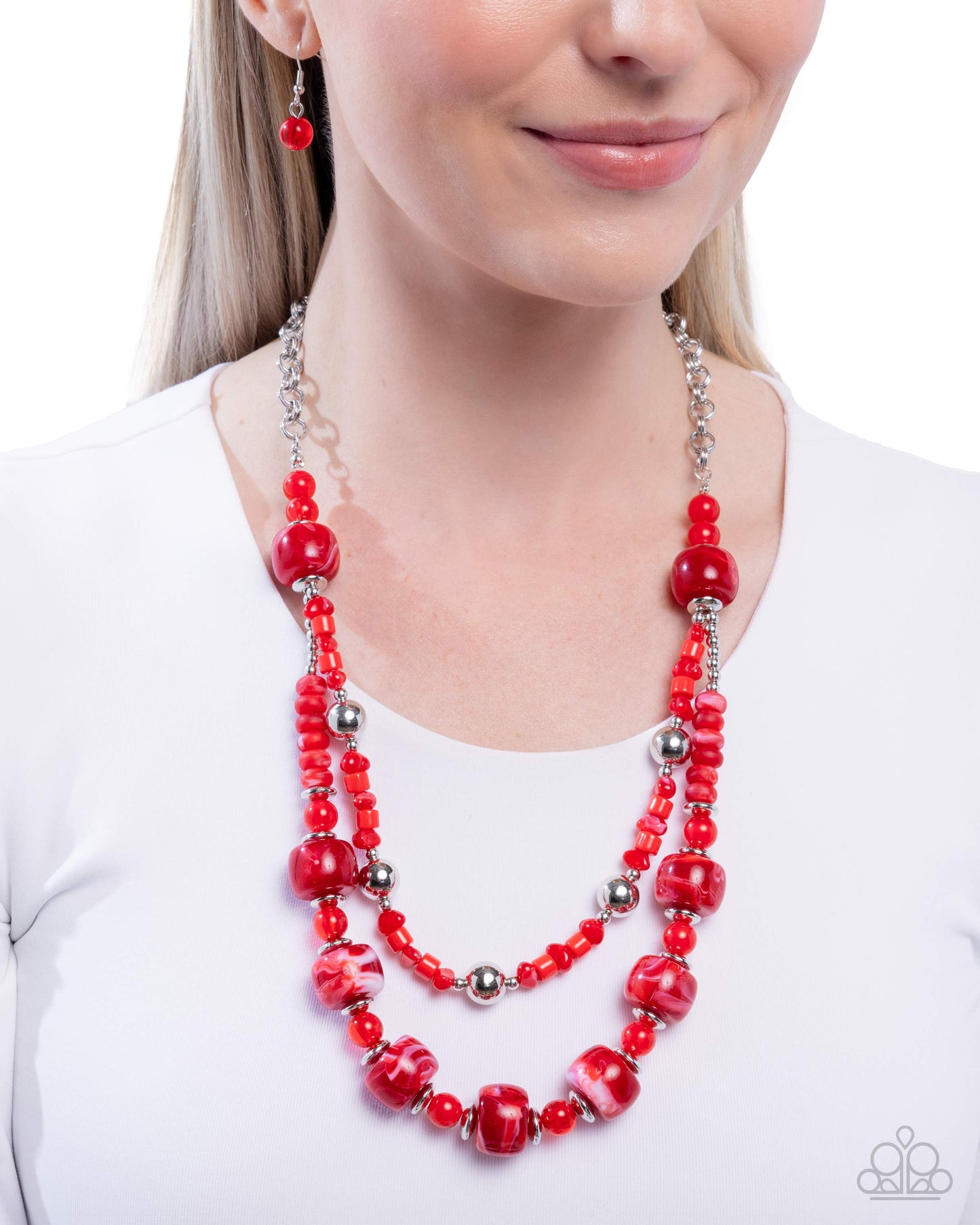 Paparazzi Satisfying Swirls - Red Marbled Swirl Bead Layered Necklace N4023