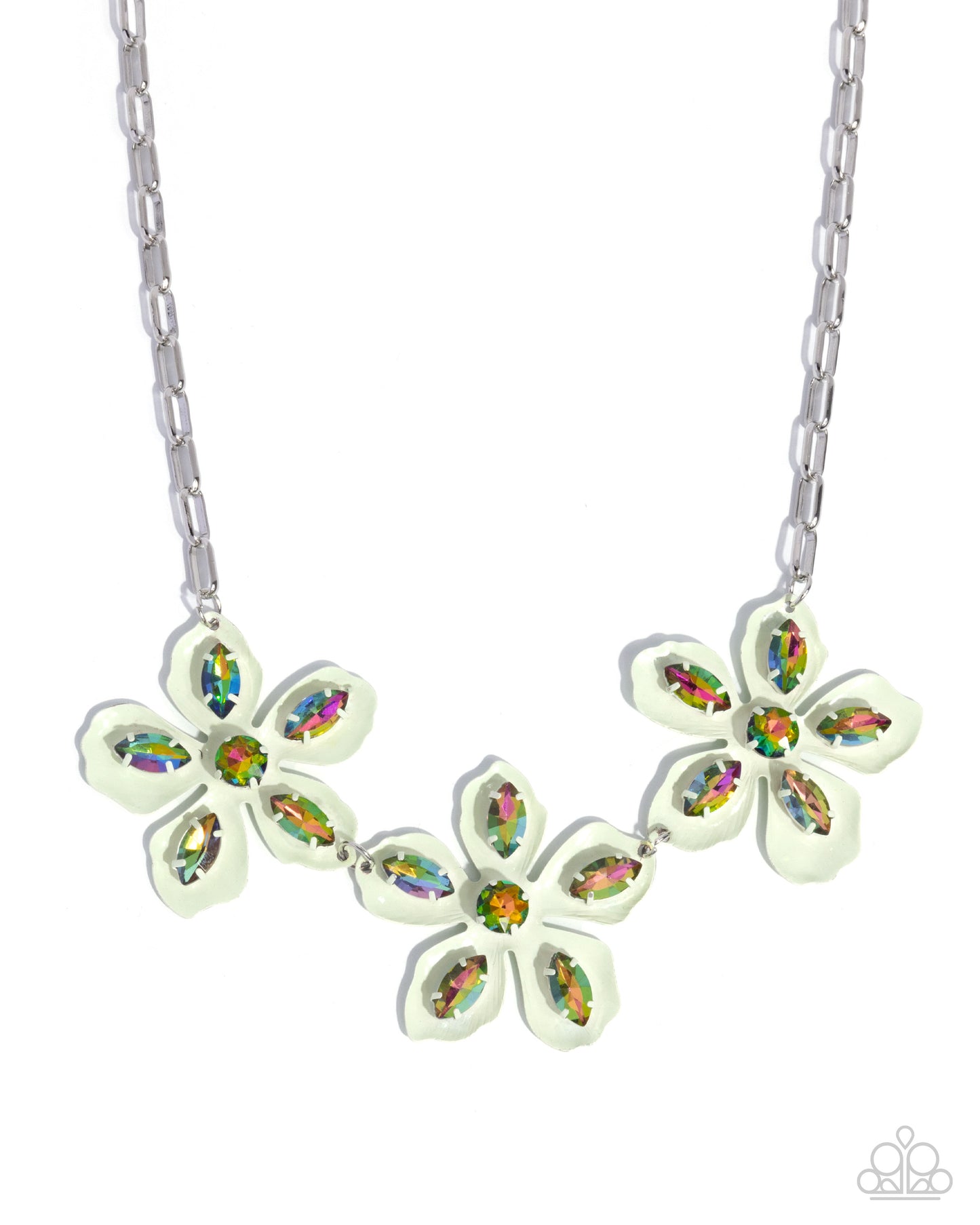 Prismatic Prestige - Green - White Grape Painted Flower & Oil Spill Rhinestone Necklace Paparazzi N3369