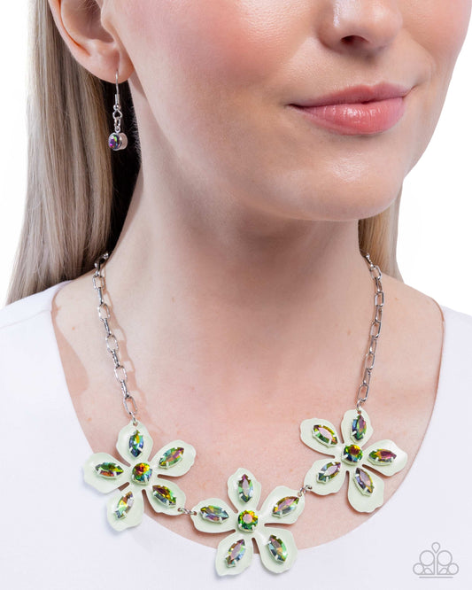 Prismatic Prestige - Green - White Grape Painted Flower & Oil Spill Rhinestone Necklace Paparazzi