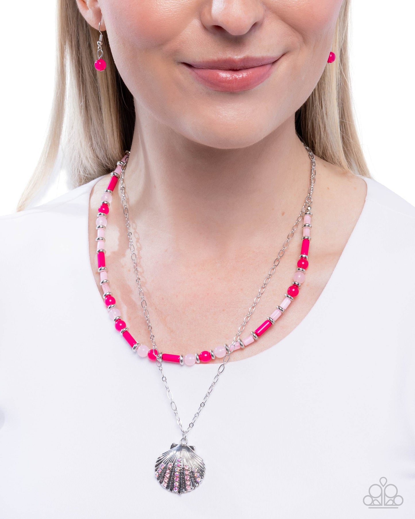Superior Seashell - Pink Vibrant Beads, Silver & Pink Iridescent Rhinestone Seashell Pendant Necklace Paparazzi N3543
