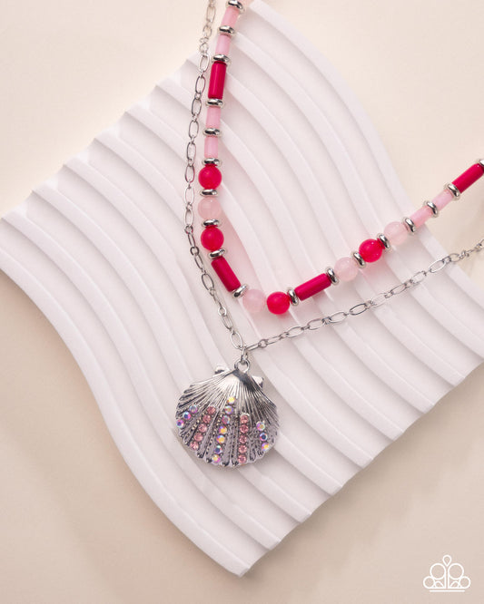 Superior Seashell - Pink Vibrant Beads, Silver & Pink Iridescent Rhinestone Seashell Pendant Necklace Paparazzi N3543