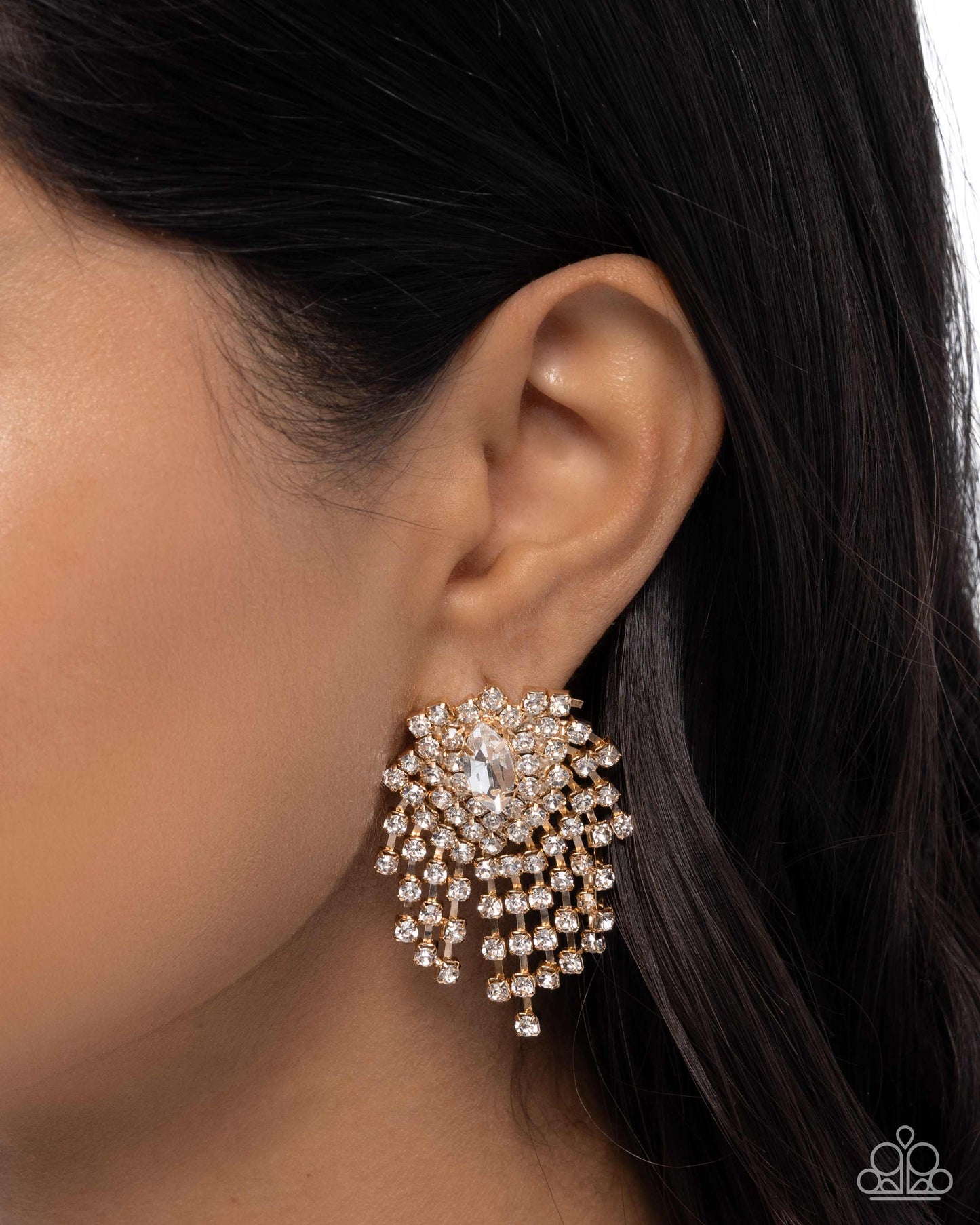 Paparazzi Breathtaking Ballad - Gold & White Rhinestone Glittering Fan Like Post Earring E1834