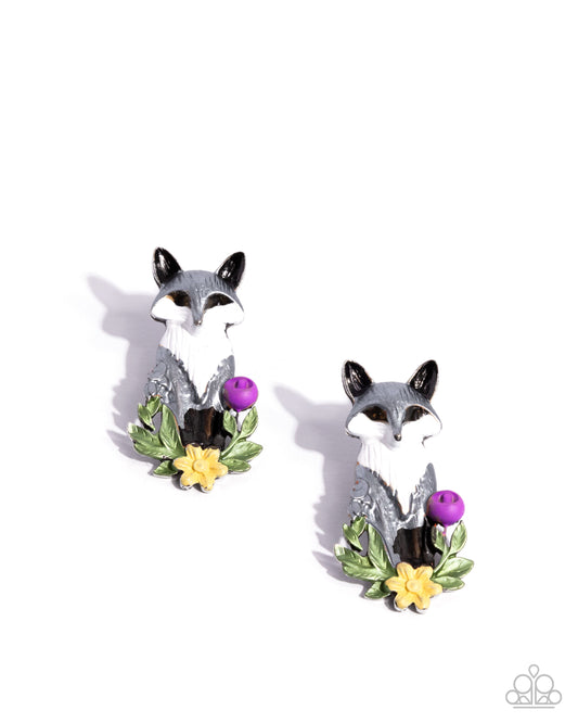Fox Fanatic - Multi Silver Fox & Purple, Yellow Flower Post Earring Paparazzi E3014