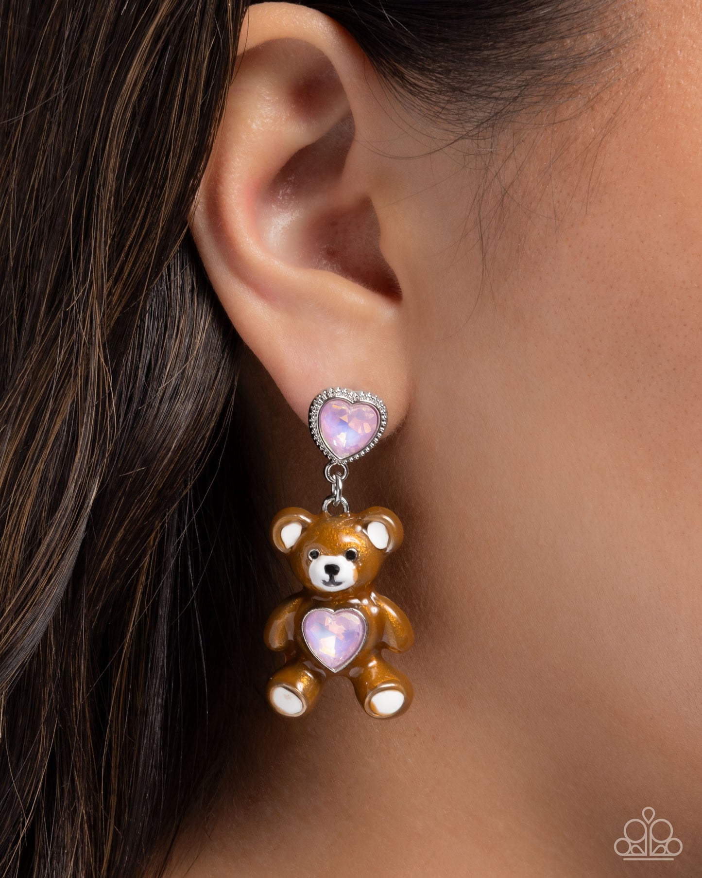 Traditional Teddy - Pink Iridescent Heart Brown Teddy Bear Charm Style Earring Paparazzi E2888