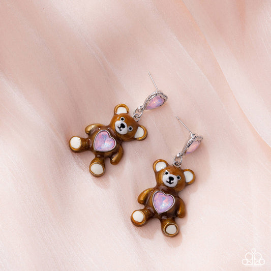 Traditional Teddy - Pink Iridescent Heart Brown Teddy Bear Charm Style Earring Paparazzi E2888