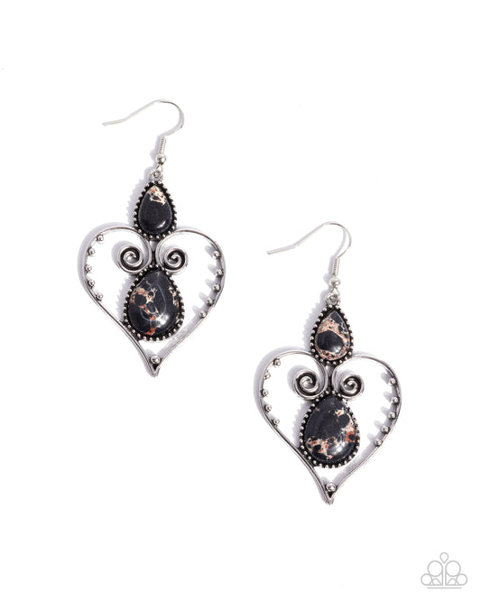 Selfless Stones - Black Marbled Stone Silver Heart Frame Earring Paparazzi E3019