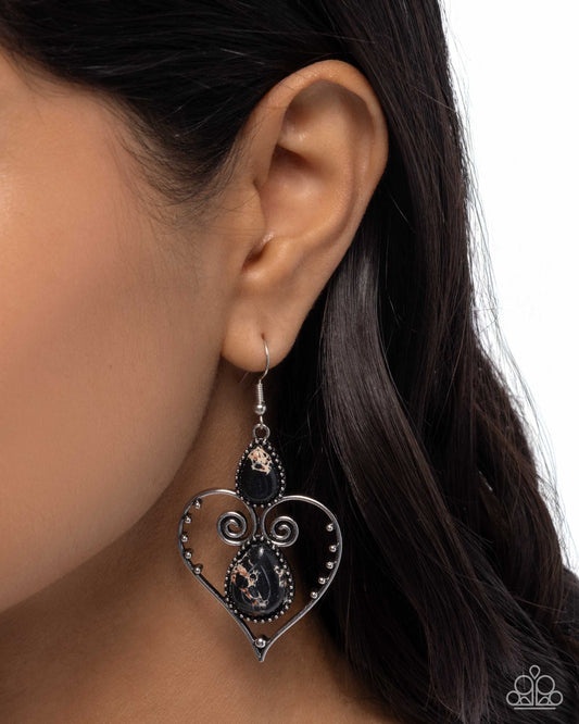 Selfless Stones - Black Marbled Stone Silver Heart Frame Earring Paparazzi E3019