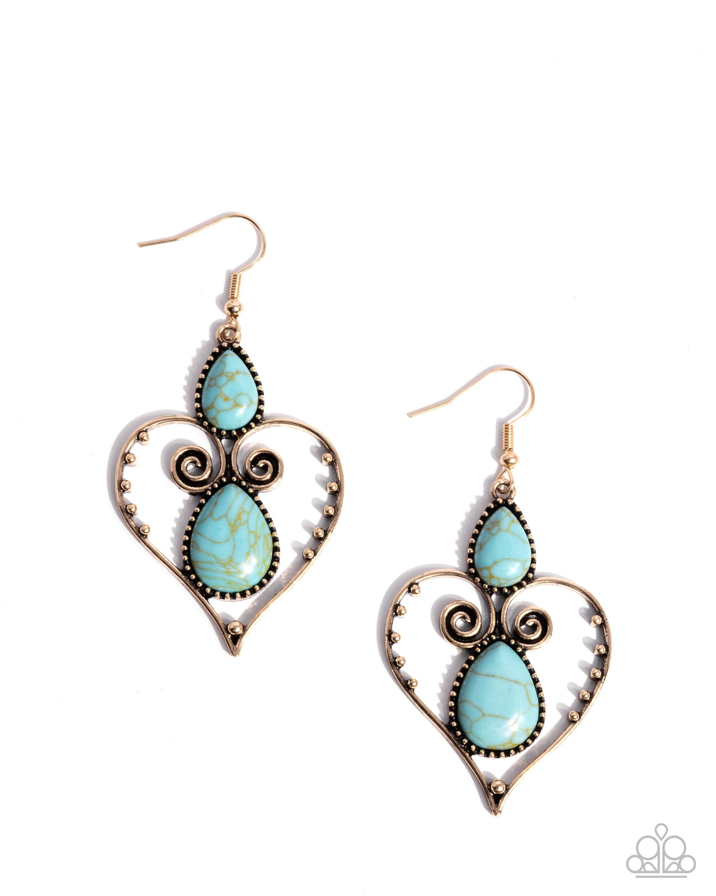 Selfless Stones - Gold Heart Frame Blue Marbled Turquoise Stone Santa Fe Style Earring Paparazzi E2915